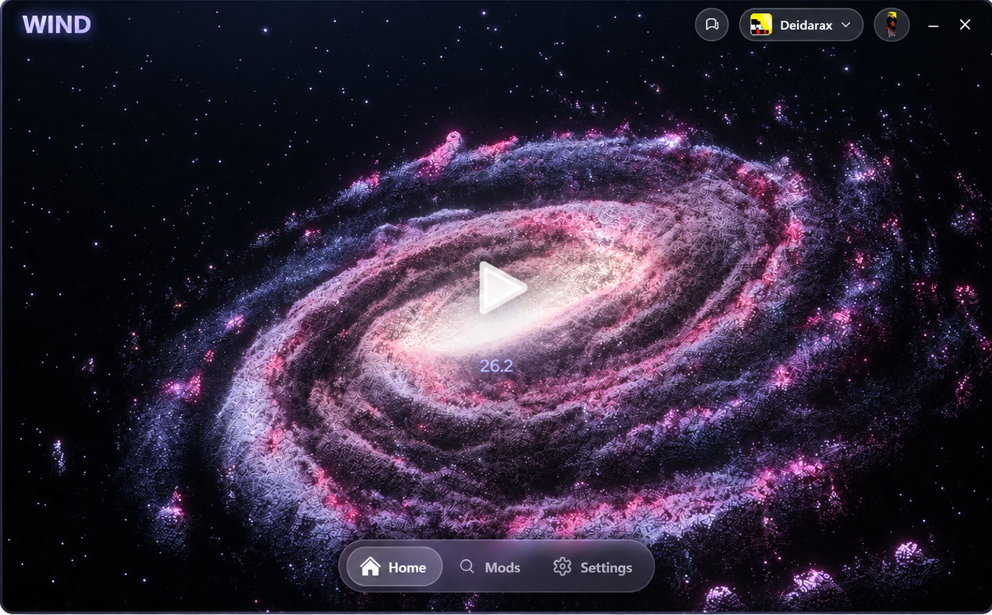 WIND launcher home screen with a purple and pink galaxy background and the Home, Mods and Settings navigation