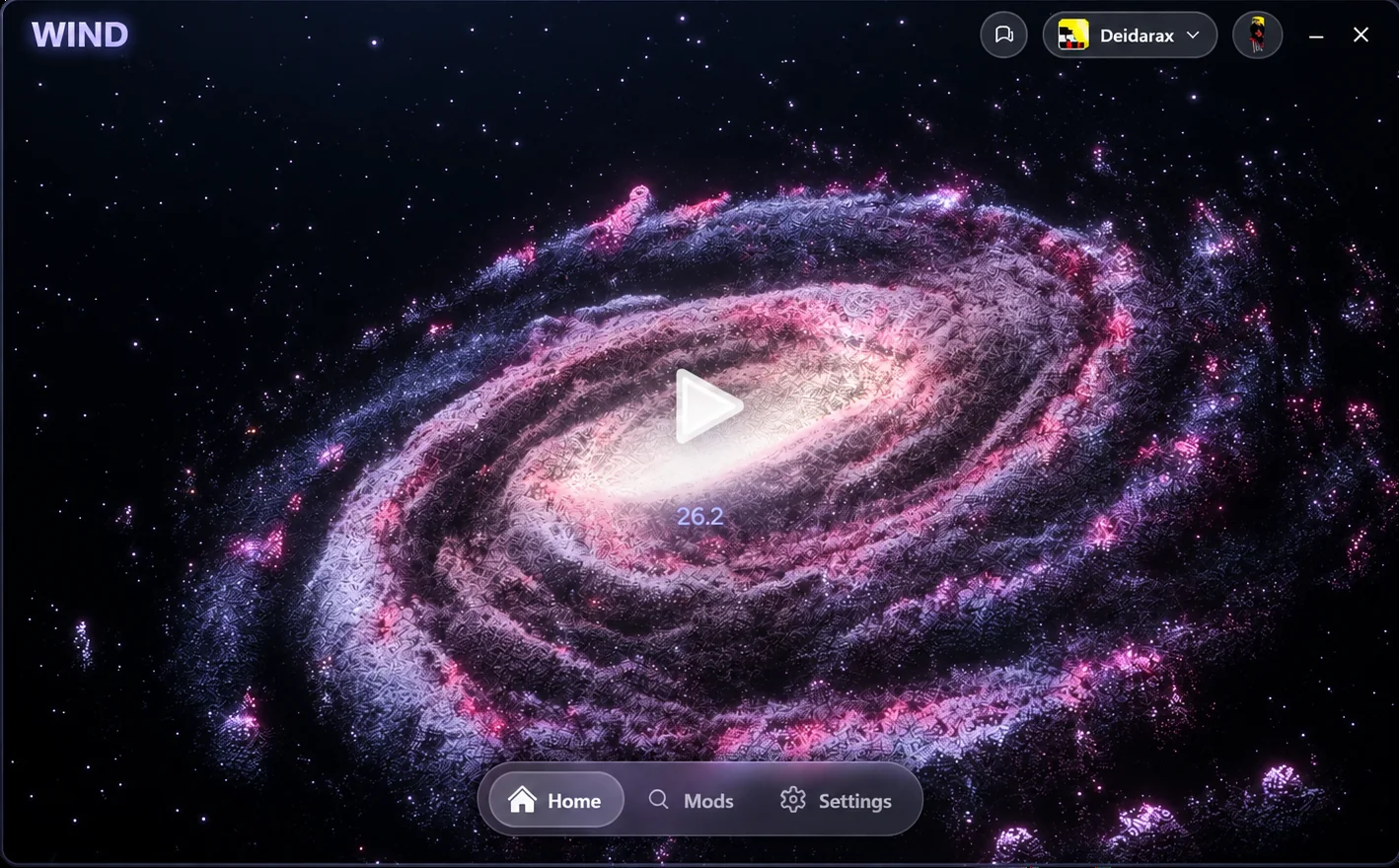 The WIND launcher home screen with a purple and pink galaxy background