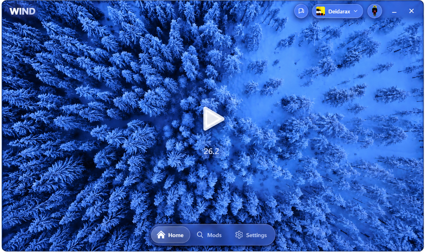 WIND launcher home screen with a frosted winter forest background and the Home, Mods and Settings navigation
